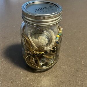 Misc Jewelry Jar and accessories - mostly wearables 5”x3” approx.